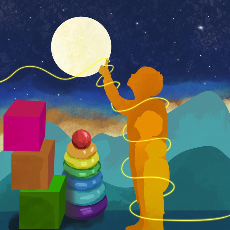 Ilustración donde aparece un niño que va creciendo hasta poder coger la luna. Área Centro Lupa